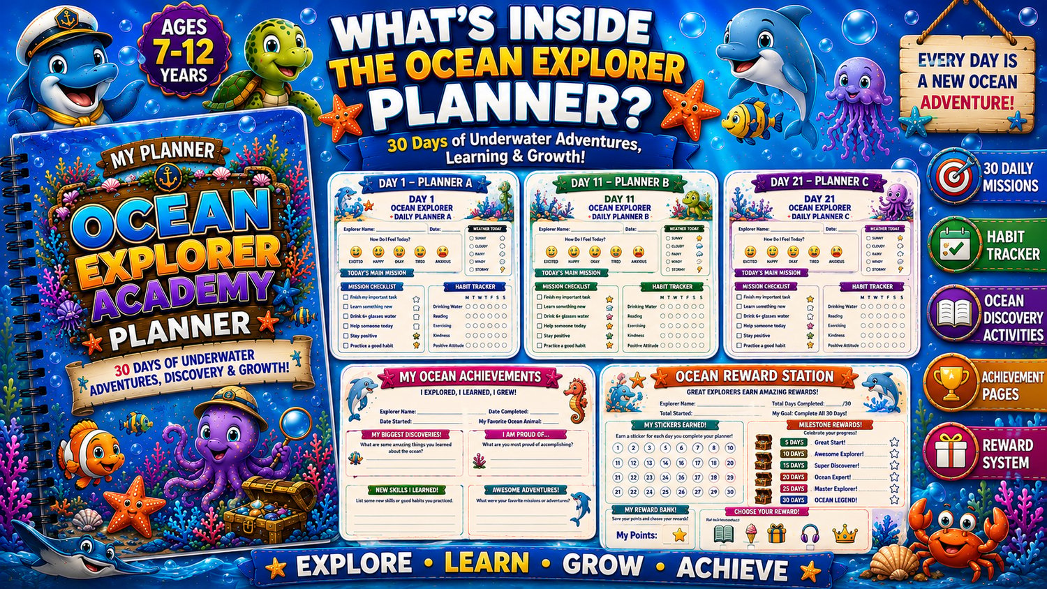 Child using Ocean Explorer Academy Planner printable planner designed to build confidence, organization skills, and positive daily habits