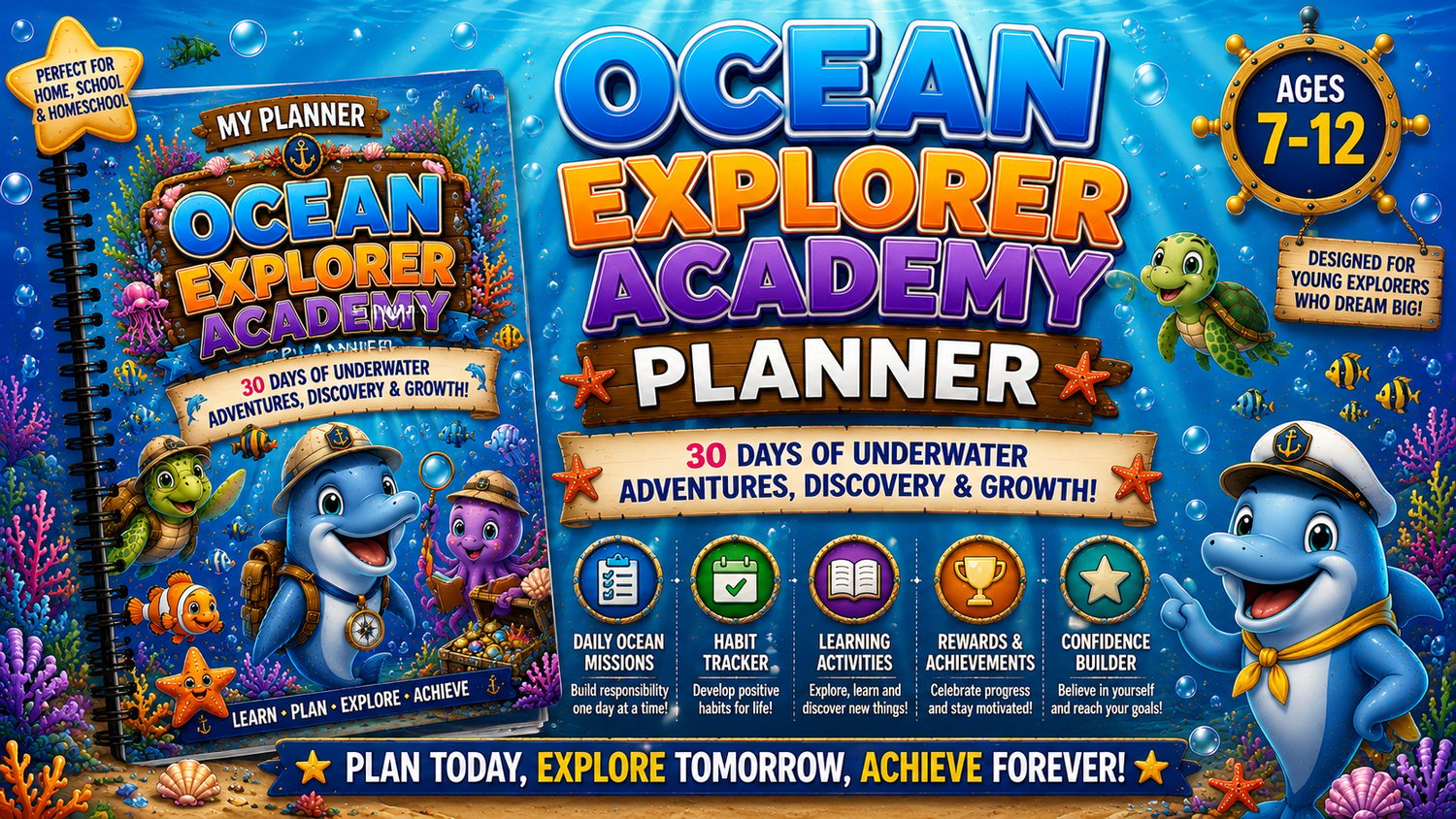 Ocean Explorer Academy Planner preview pages featuring daily planner, weekly planner, habit tracker, and goal setting activities for children