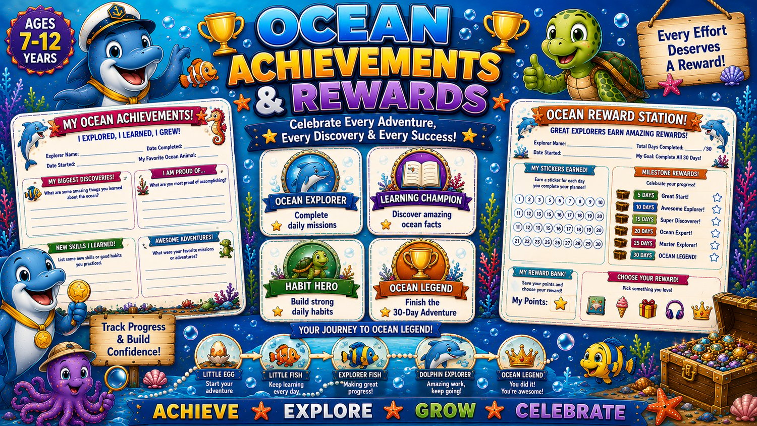 Ocean Explorer Academy Planner sample pages showing daily planning, weekly planning, habit tracker, and motivational activities for children