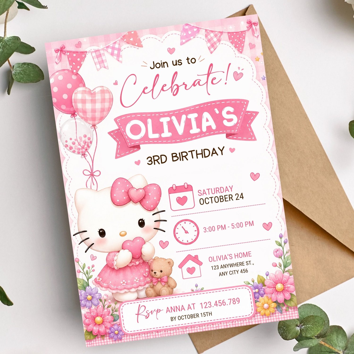 Editable Hello Kitty birthday invitation template showcased in a premium stationery mockup. Printable digital party invite for a girls birthday celebration.