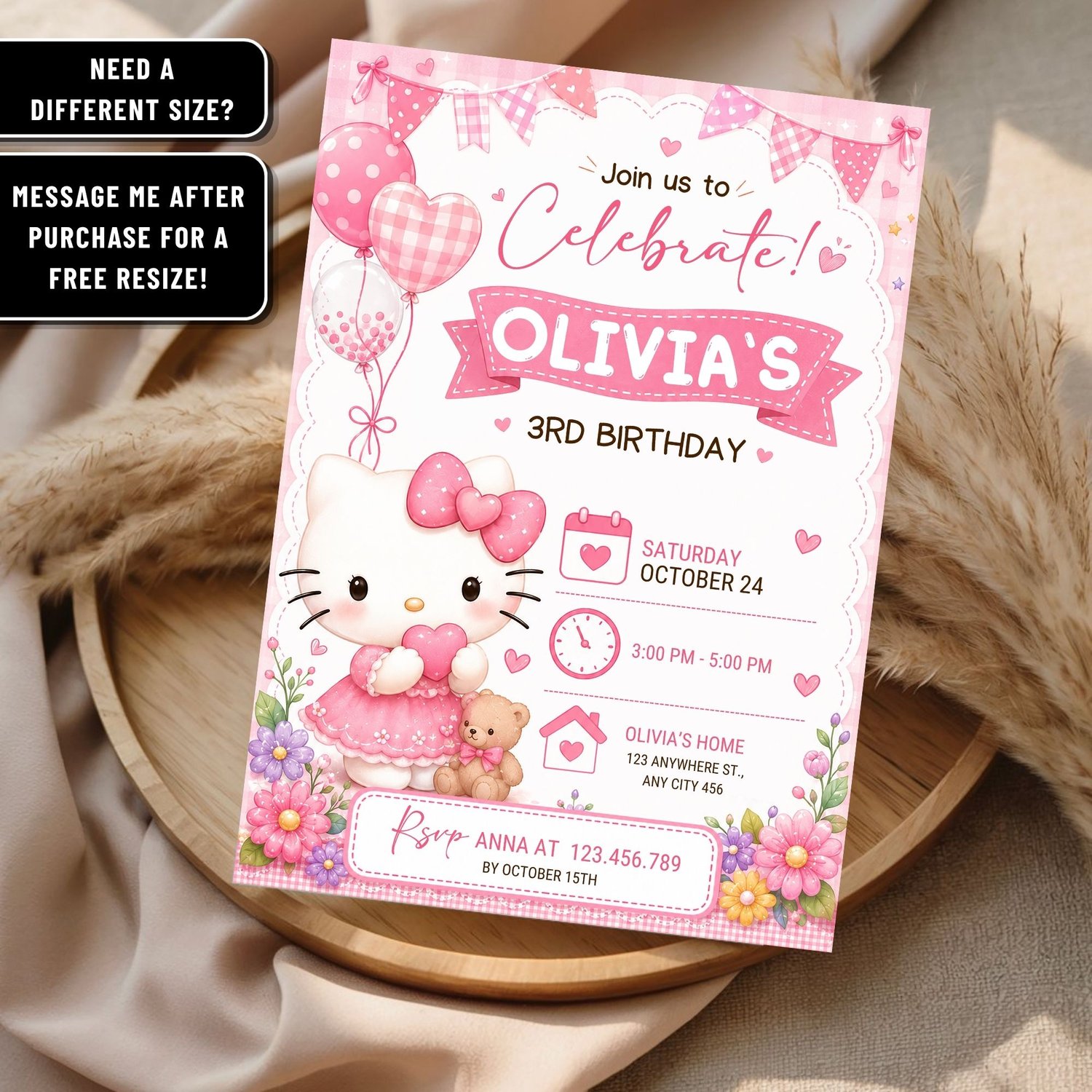 Pink Hello Kitty birthday party invitation template displayed in a realistic mockup. Editable Canva invitation for a kids birthday celebration.
