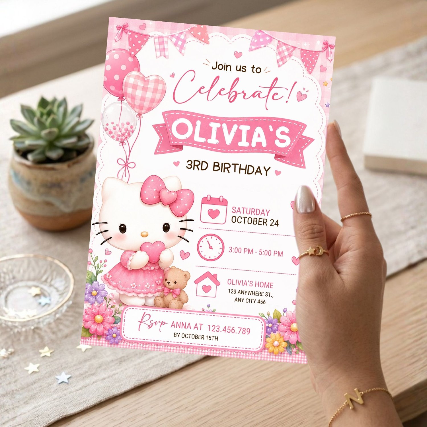 Printable Hello Kitty birthday invitation with customizable Canva template. Personalized kids birthday party invite available as an instant download.