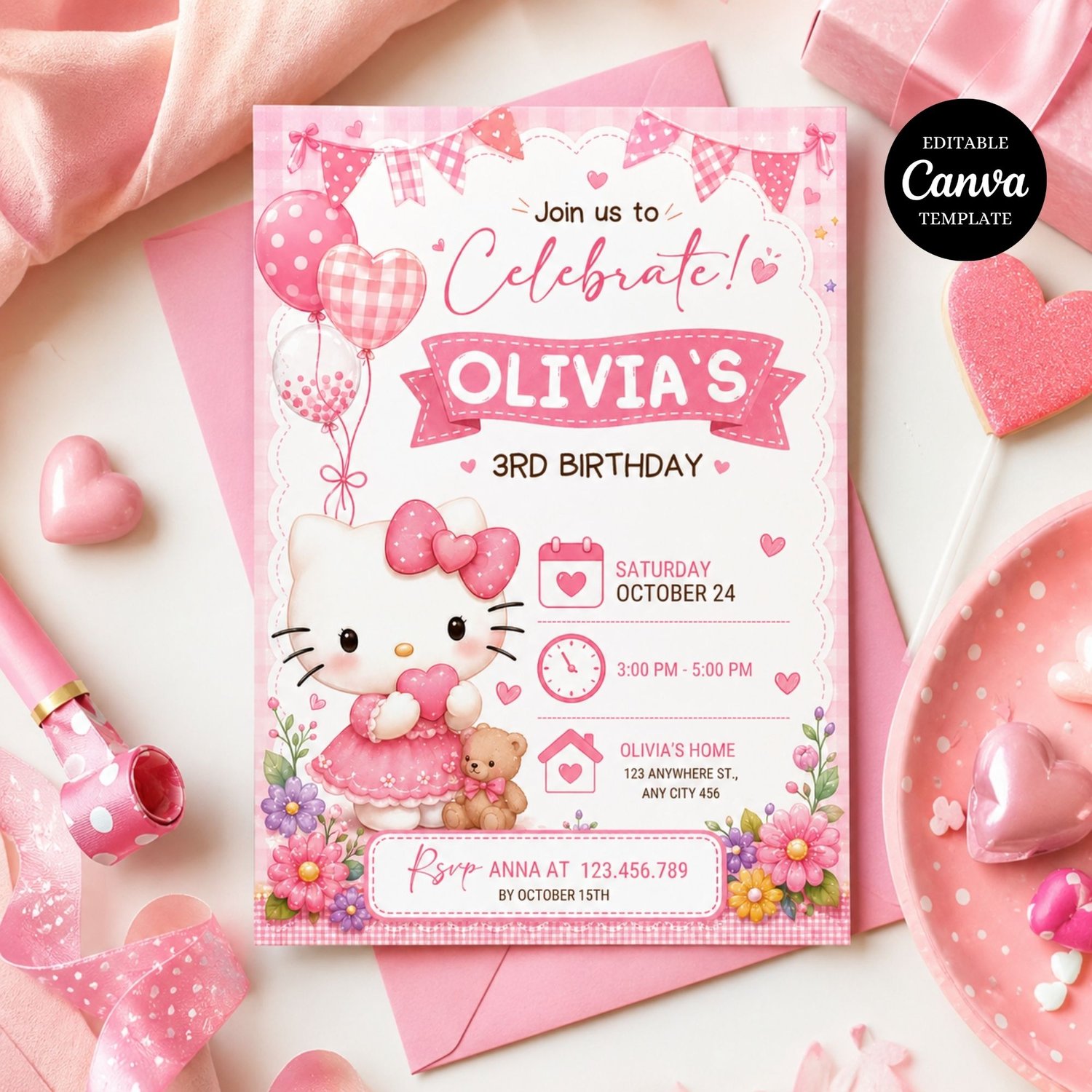 Editable Hello Kitty birthday invitation Canva template featuring a pink kawaii party design for girls. Instant digital download and printable invitation.
