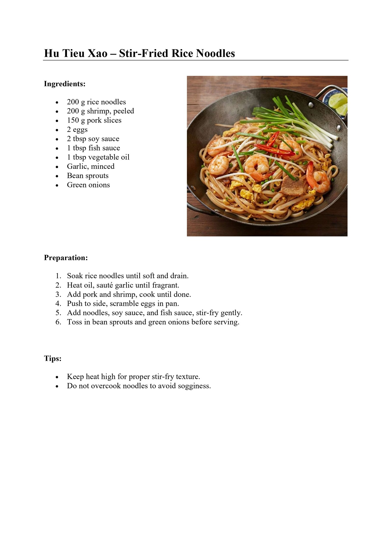 Cookbook page preview showing a recipe for Hu Tieu Xao (Stir-Fried Rice Noodles), featuring ingredients, preparation steps, and a photo of the noodle dish in a wok.