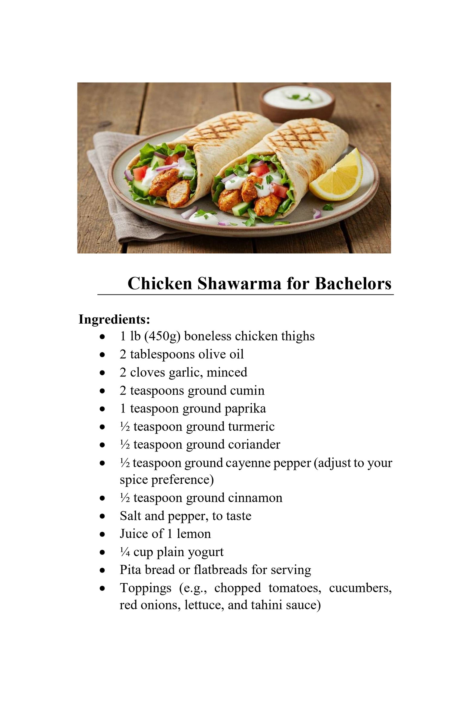 Cookbook page preview showing a recipe for Chicken Shawarma for Bachelors, featuring an ingredient list and a photo of two chicken shawarma wraps served with lemon wedges.