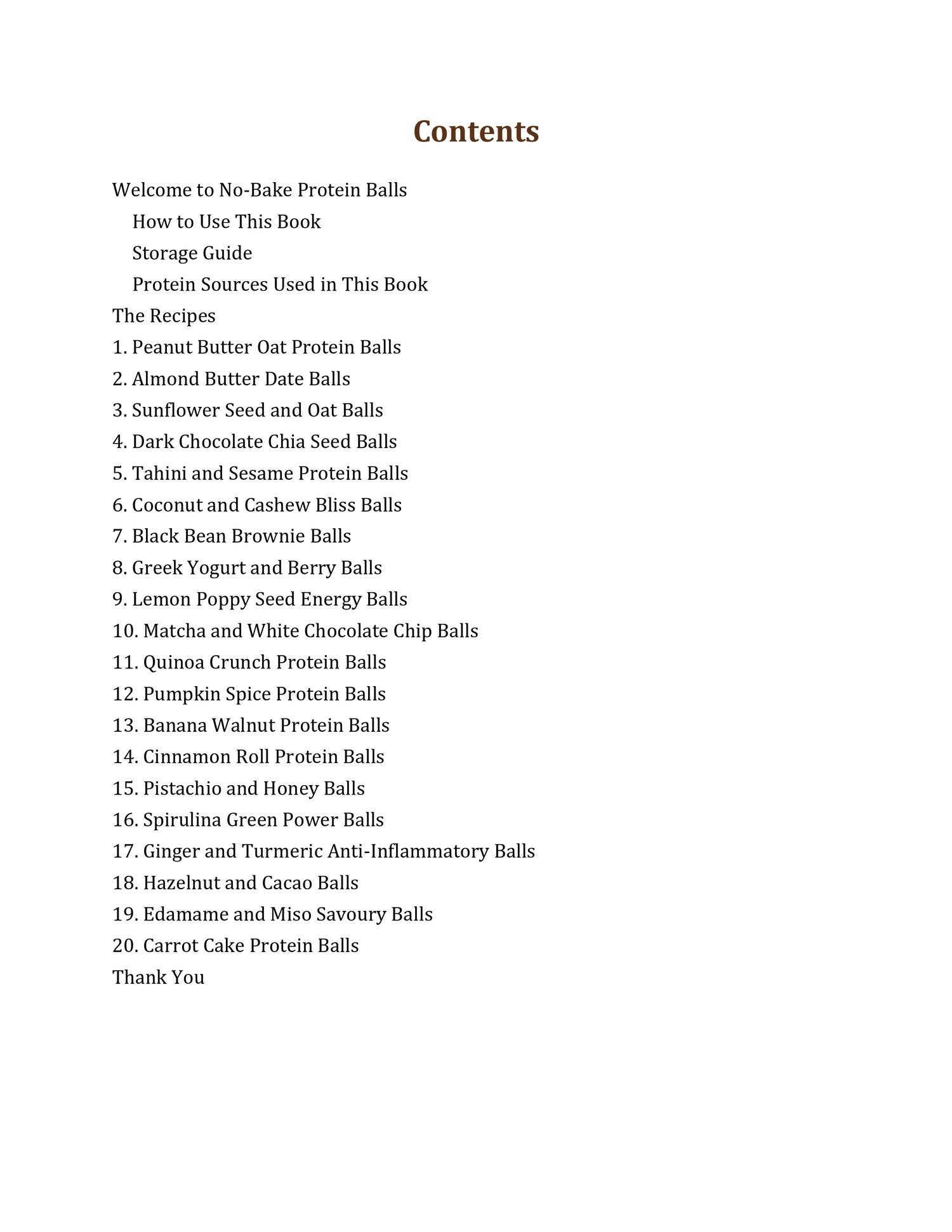 Table of contents for No-Bake Protein Balls cookbook