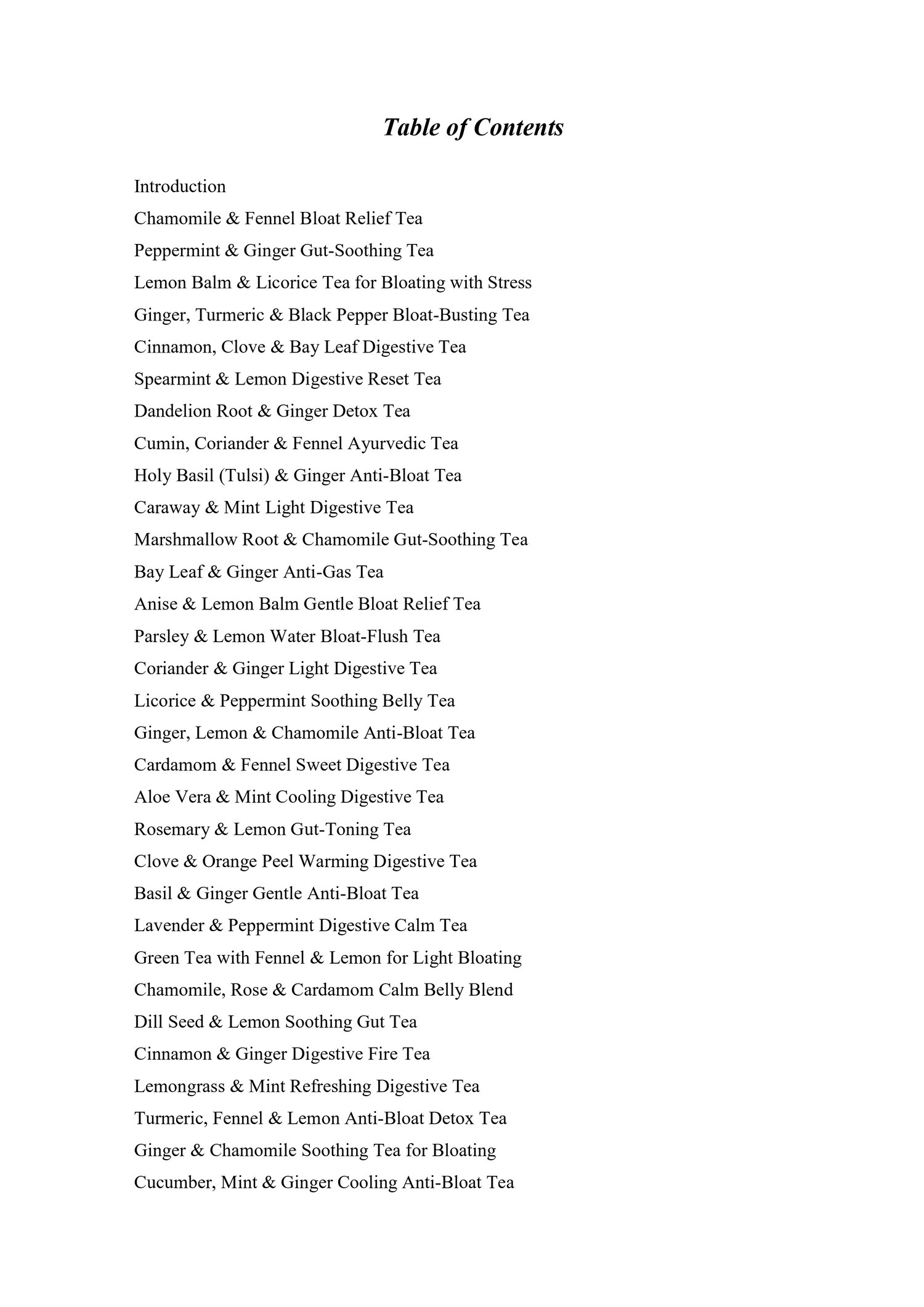 Table of contents, 35 herbal teas for bloating and gas relief