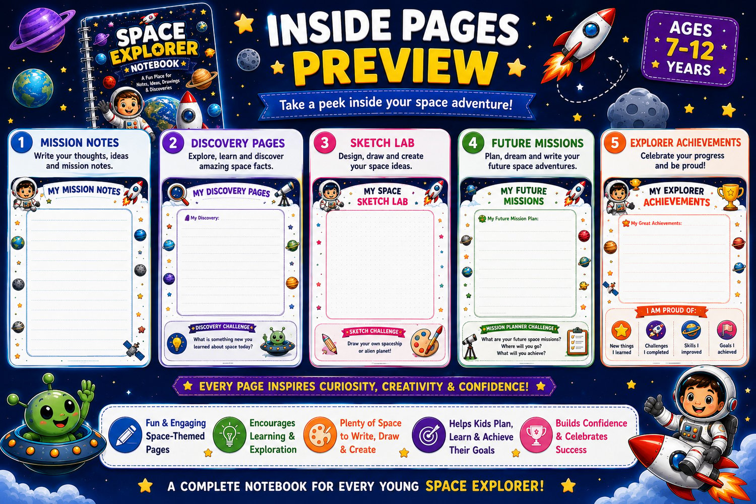 Inside pages preview of Space Explorer Notebook featuring mission notes, discovery pages, sketch pages, and writing activities for children