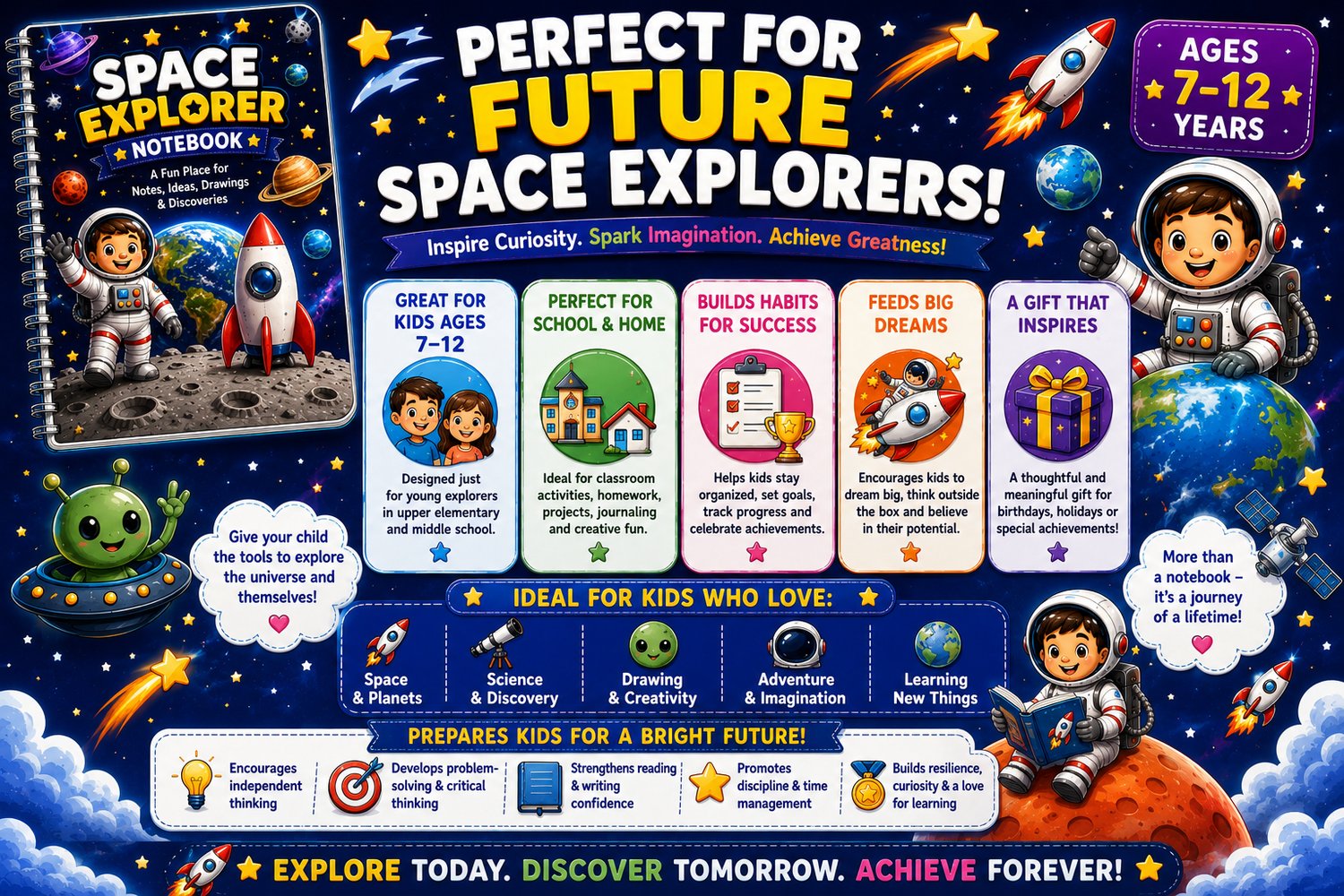 Space Explorer Notebook learning benefits including creativity, writing skills, organization, confidence building, and independent learning for children