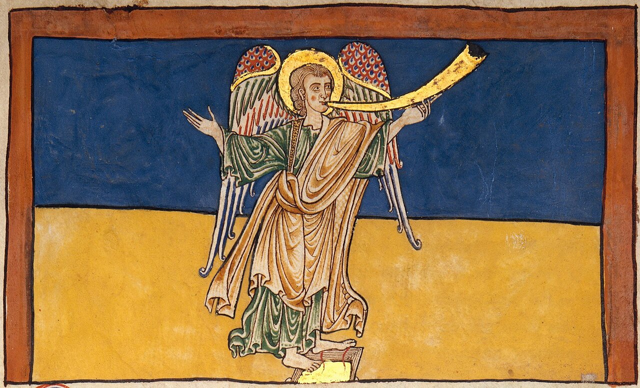 An angel floats above a background that looks like the Ukrainian flag but is probably a blue sky above a yellow desert. The angel has long draped robes in blue and pink and eagle-like wings. It has a gold-leaf halo and trumpet, which is a slightly curved 
