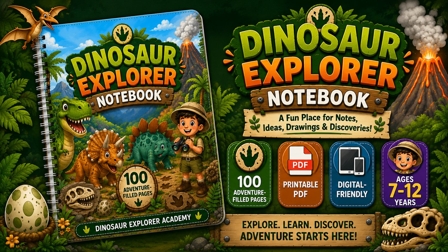 Dinosaur Explorer Notebook preview showing colorful writing pages, dinosaur discovery activities, and creative notebook sections for kids ages 7 to 12