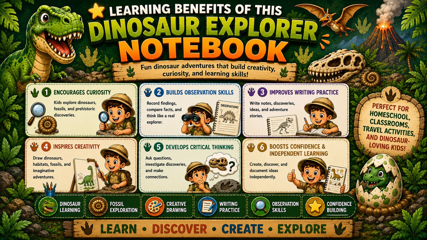 Dinosaur Explorer Notebook learning benefits including creativity, writing skills, organization, confidence building, and independent learning for children