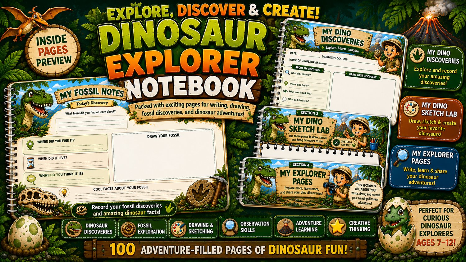 Inside pages preview of Dinosaur Explorer Notebook featuring dino notes, discovery pages, sketch lab pages, and writing activities for children