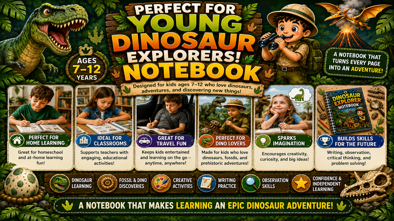 Dinosaur Explorer Notebook printable educational resource designed for young dinosaur explorers with writing, creativity, and learning activities