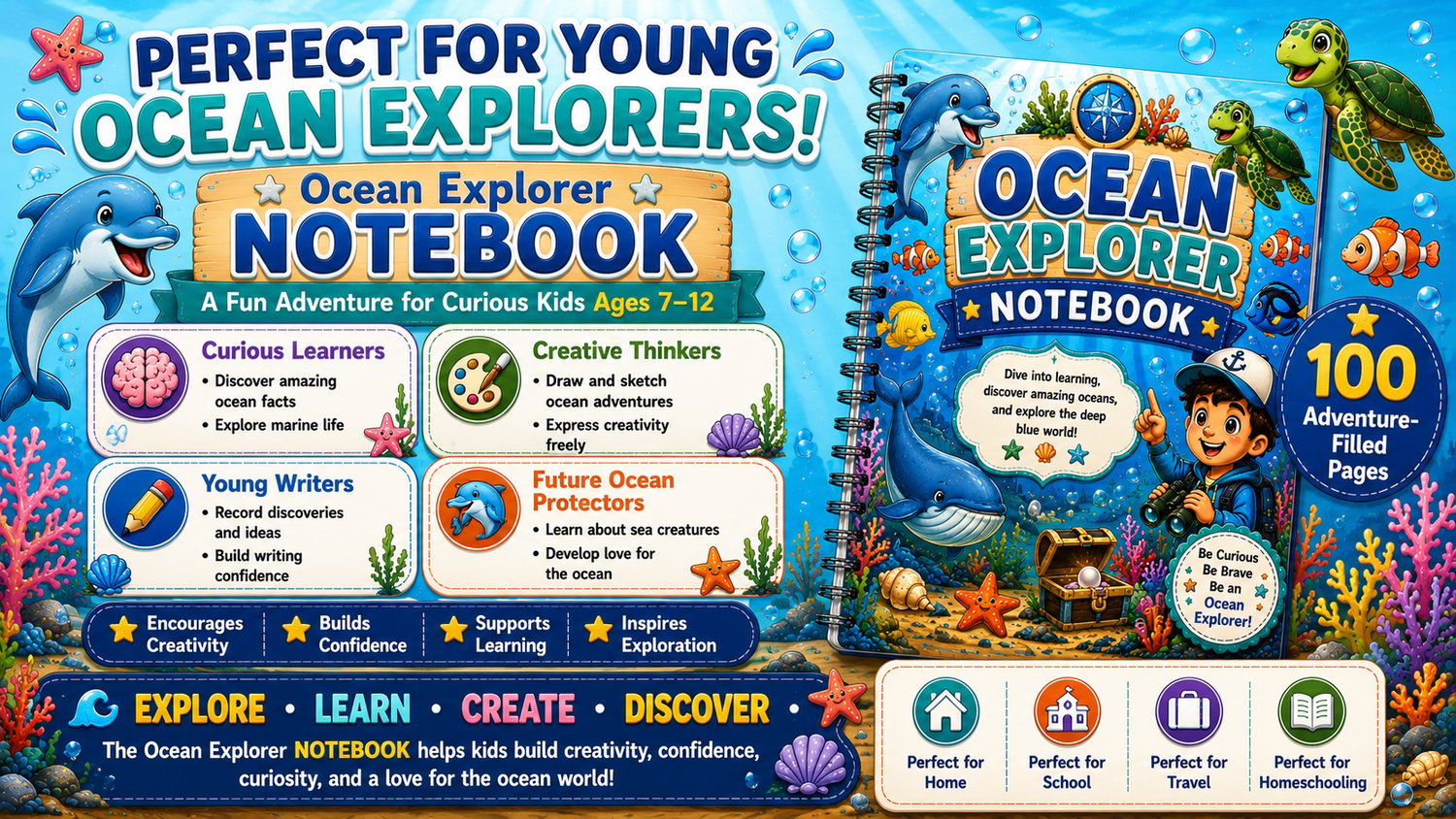 Ocean Explorer Notebook printable educational resource designed for young ocean explorers with writing, creativity, and marine learning activities