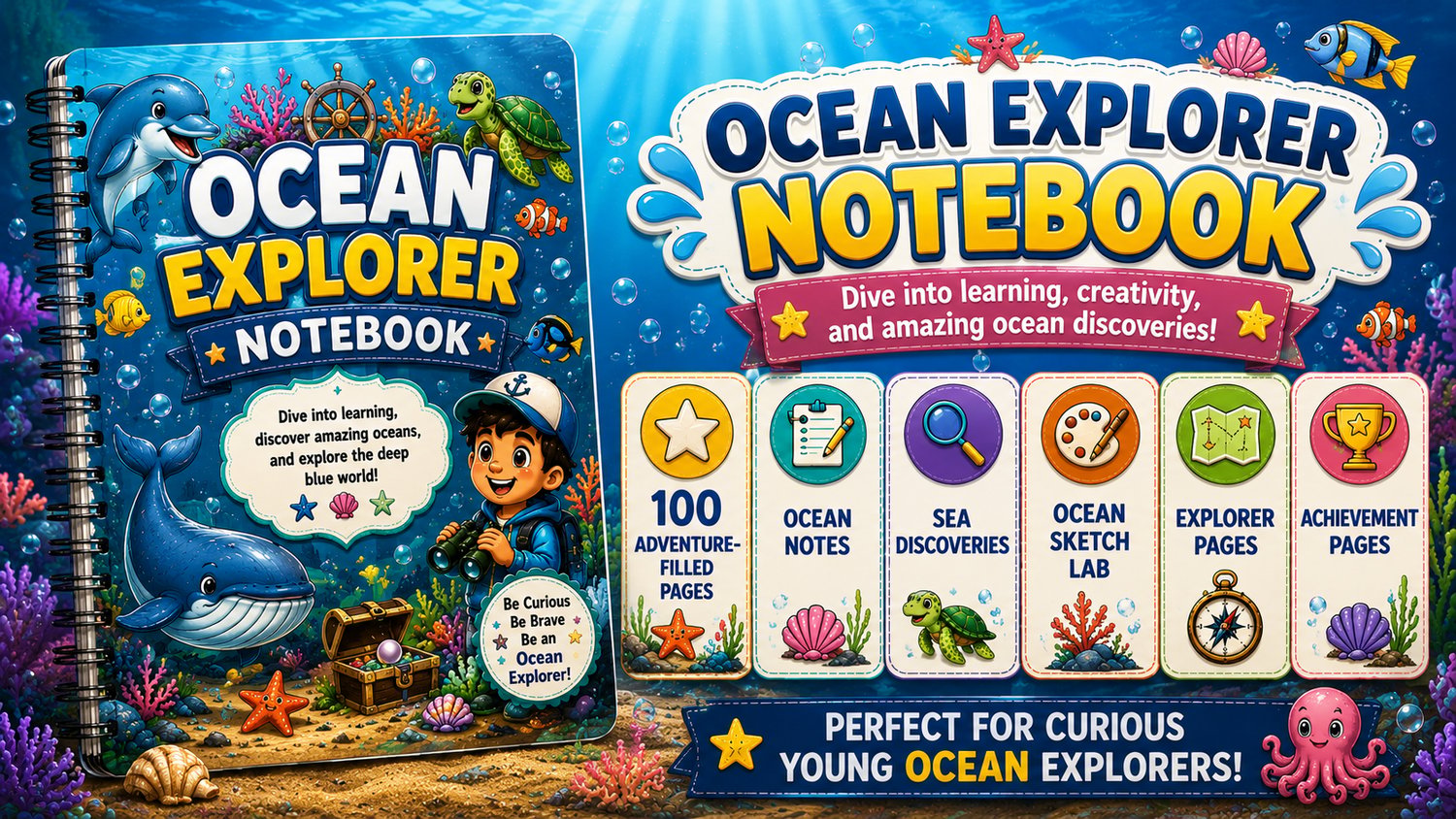 Ocean Explorer Notebook printable kids notebook PDF for ages 7 to 12 featuring ocean-themed writing pages, creative activities, and educational learning sections