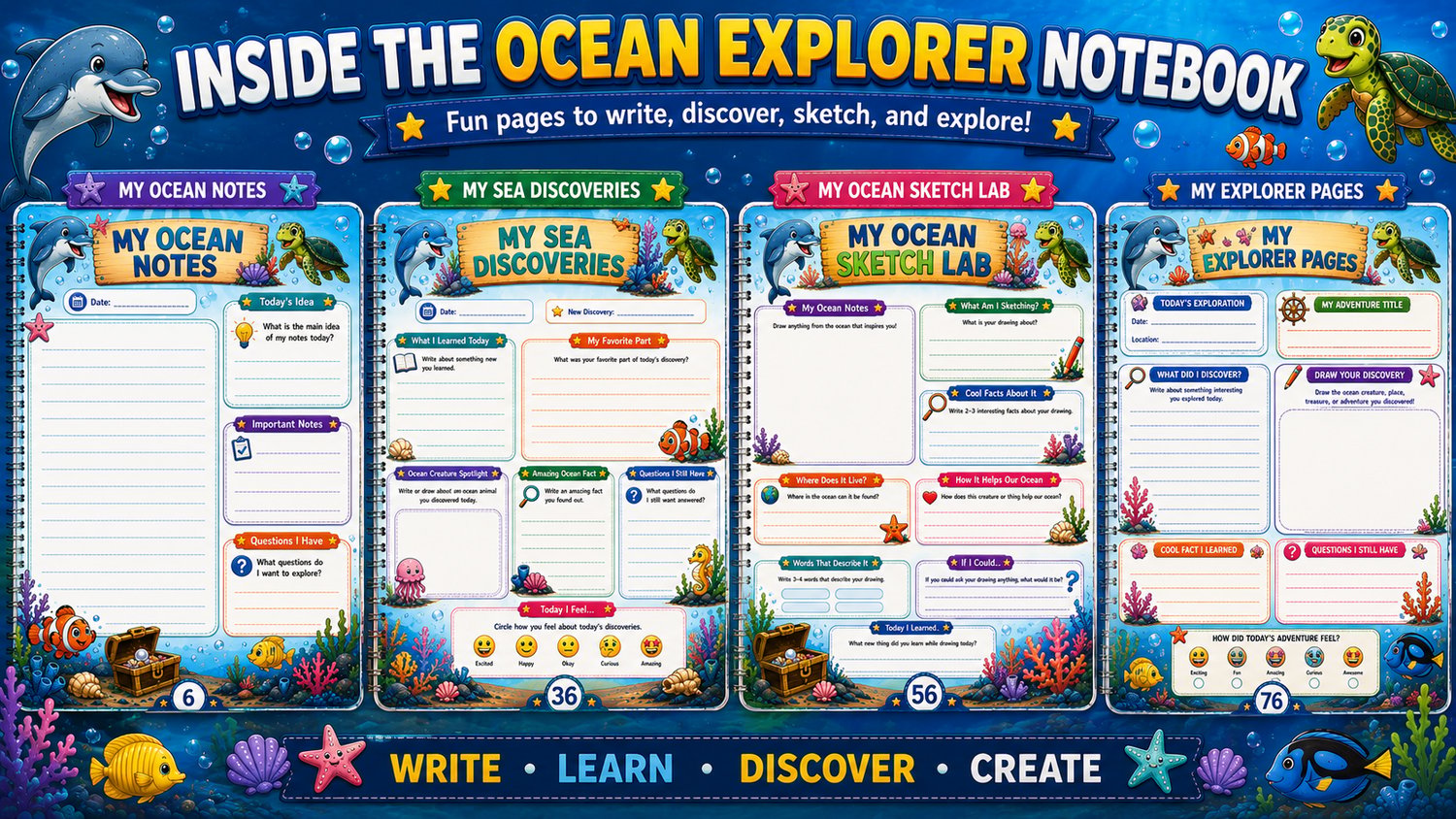 Ocean Explorer Notebook preview showing colorful writing pages, ocean discovery activities, and creative notebook sections for kids ages 7 to 12