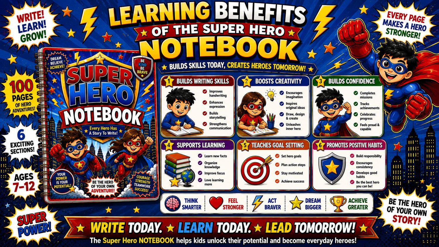 Super Hero Notebook learning benefits including creativity, writing skills, confidence building, organization, and independent learning for children