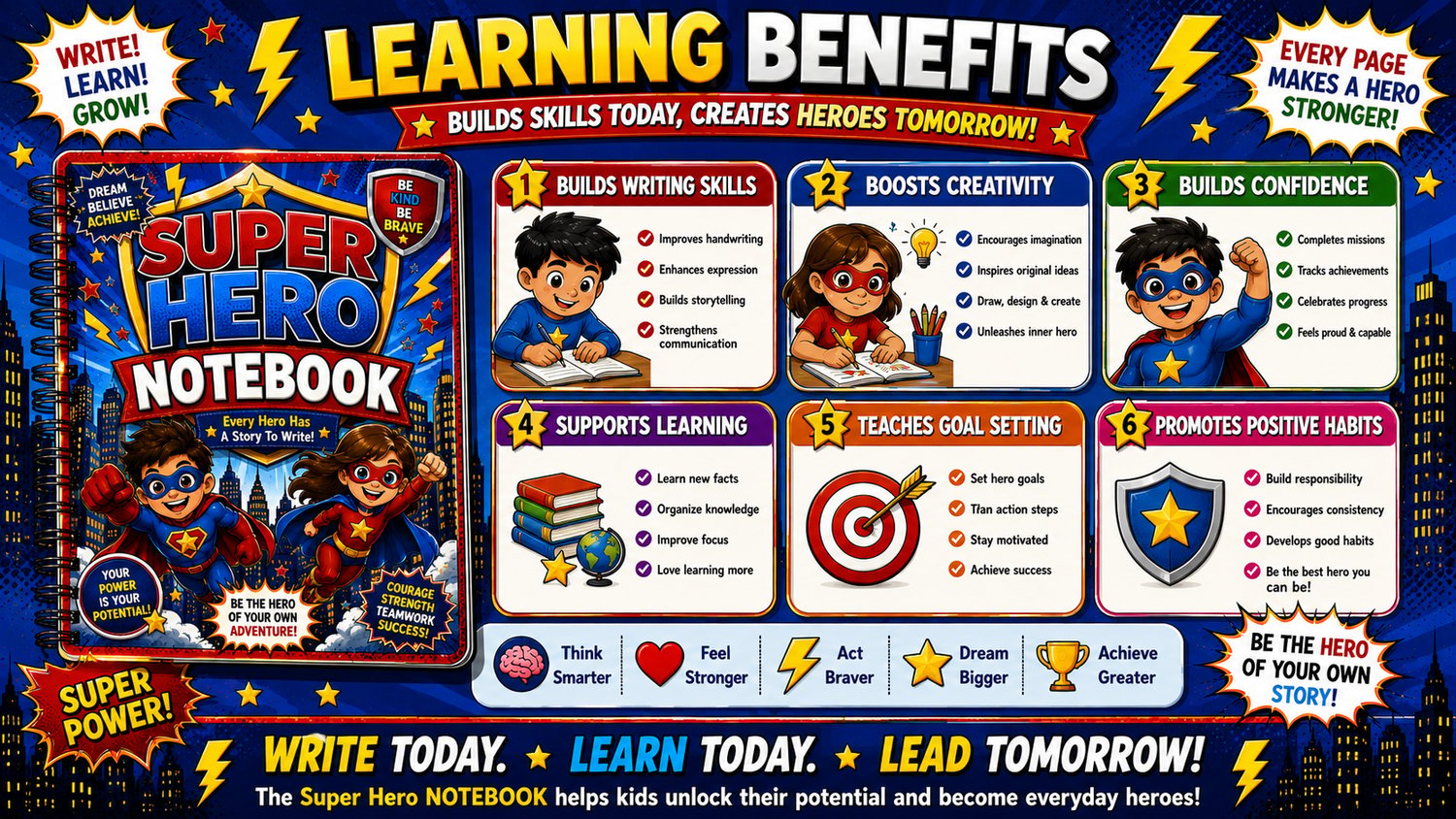 Super Hero Notebook printable educational resource designed to develop creativity, writing skills, confidence, and positive learning habits in children