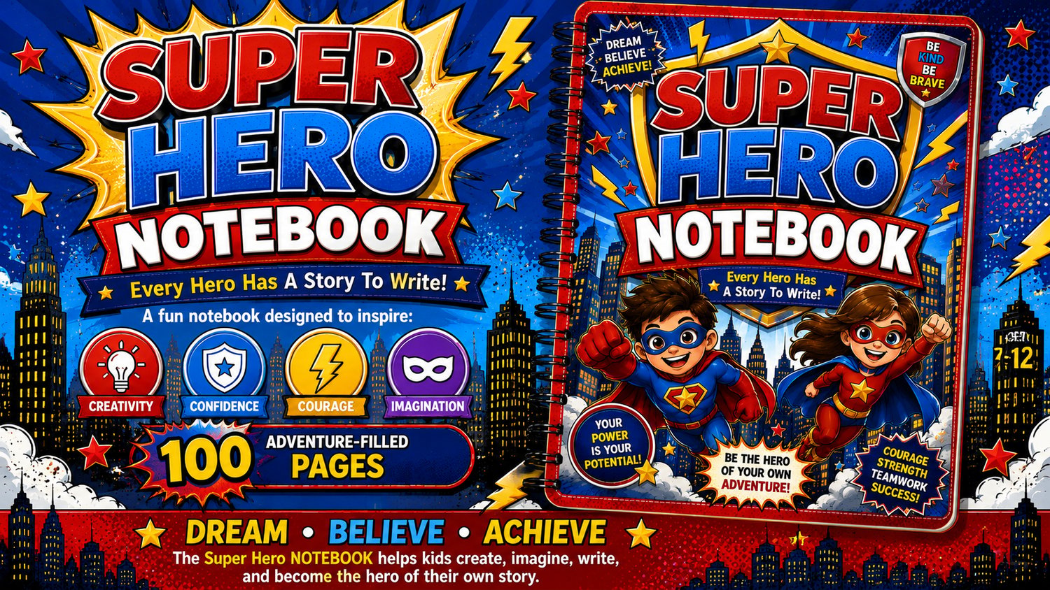 Super Hero Notebook printable kids notebook PDF featuring superhero-themed writing pages, creative activities, and educational learning sections