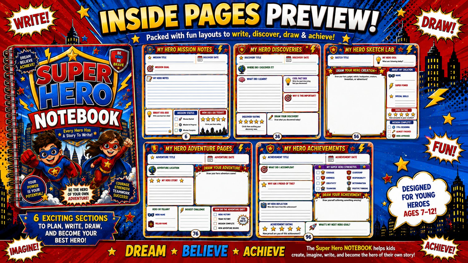 Inside pages preview of Super Hero Notebook featuring hero mission pages, writing activities, sketch pages, and creative learning sections for kids