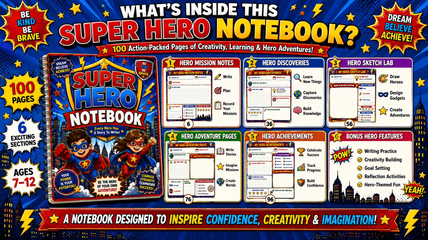Super Hero Notebook contents overview featuring hero notes, sketch lab, adventure pages, future missions, and achievement sections for children