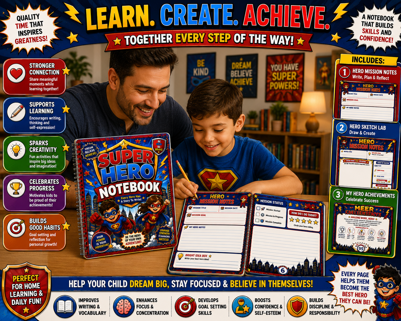 Child using Super Hero Notebook printable educational notebook designed to encourage creativity, confidence, writing skills, and learning for children