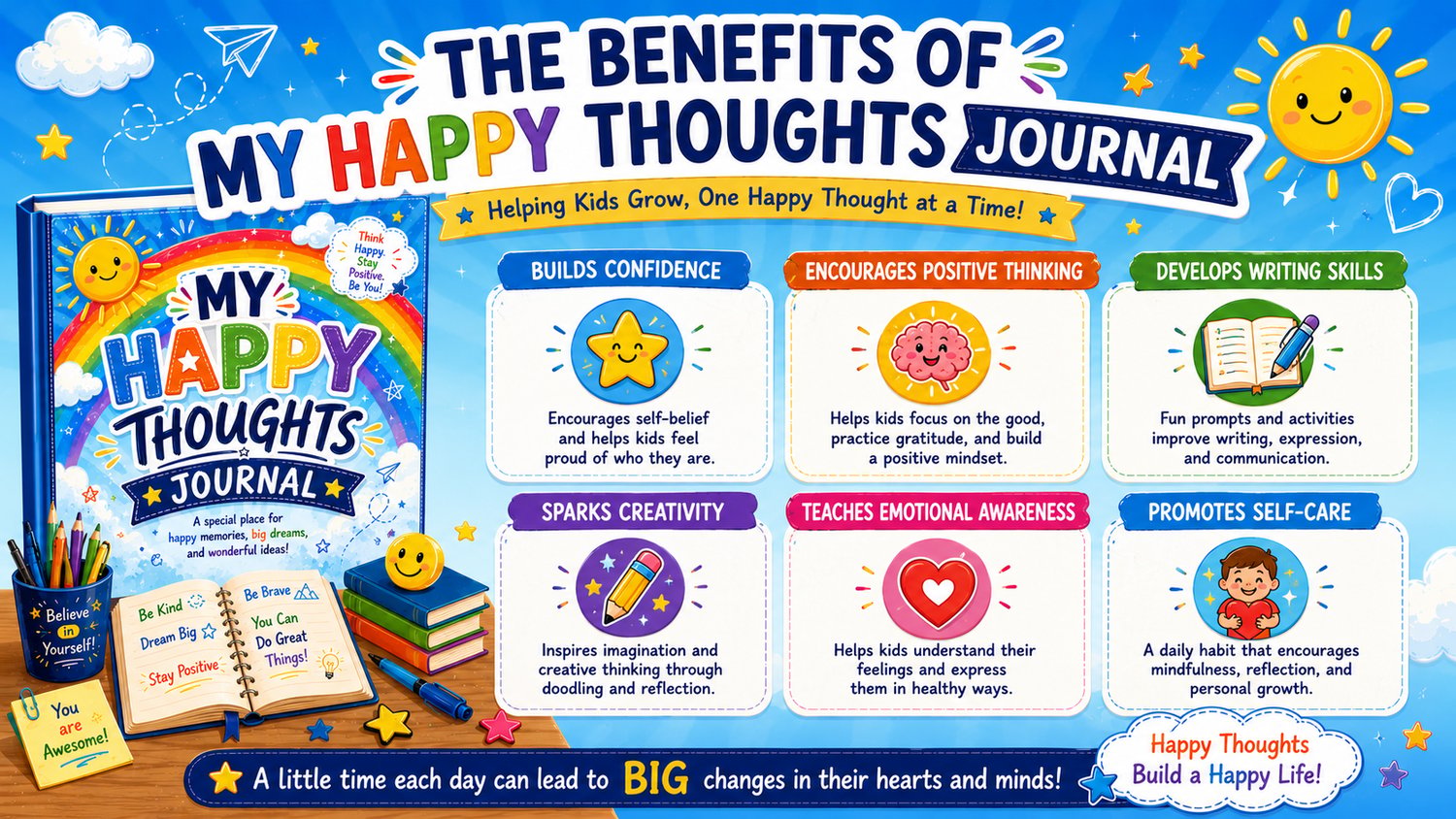 My Happy Thoughts Journal learning benefits including positive thinking, gratitude, emotional well-being, self-confidence, and creative self-expression for children