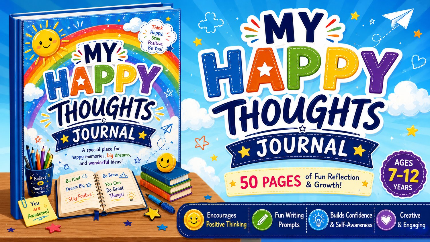 My Happy Thoughts Journal for Kids printable journal PDF featuring gratitude prompts, reflection pages, positive thinking activities, and creative journaling for children