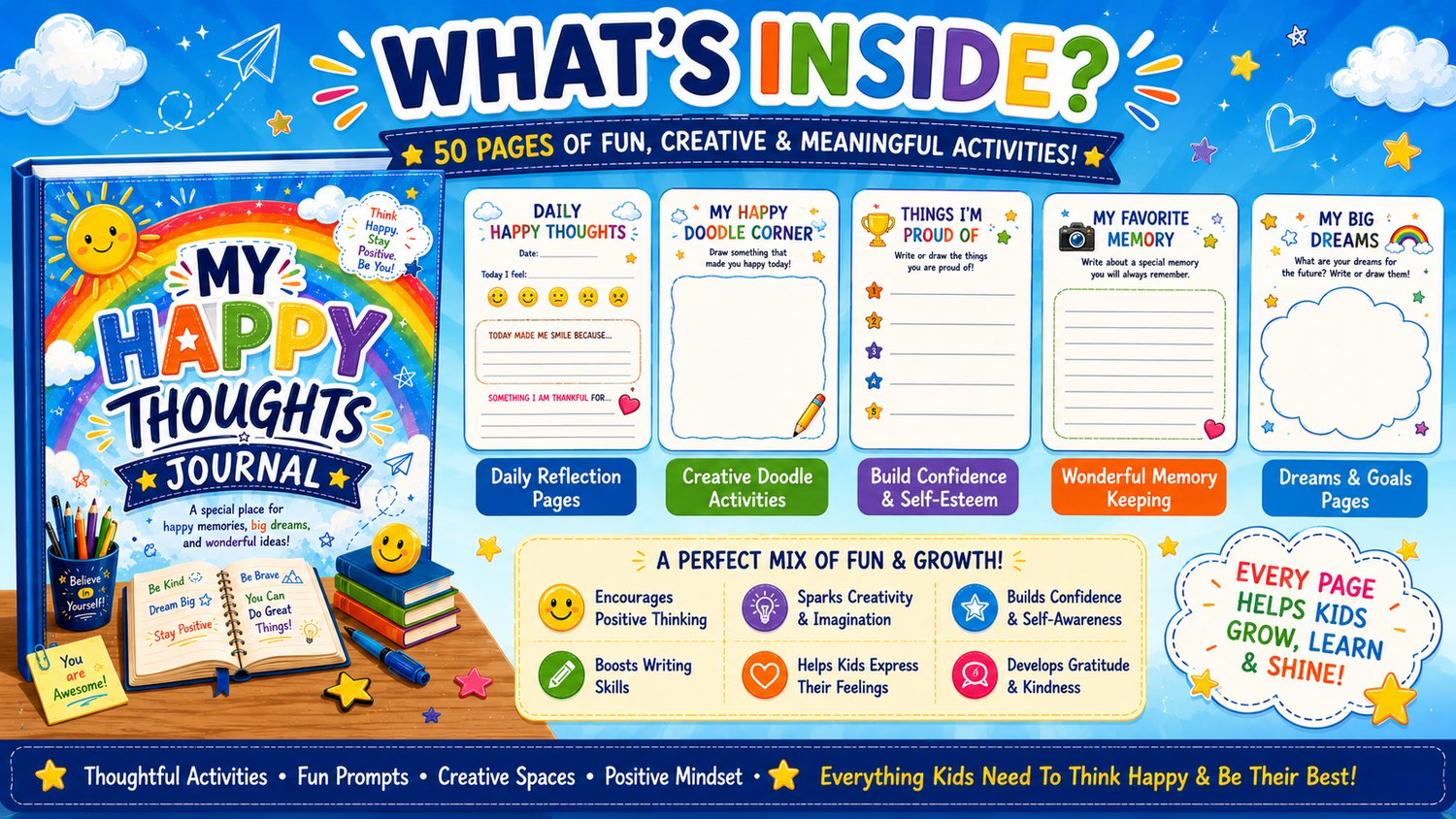 My Happy Thoughts Journal contents overview featuring daily happy thoughts pages, gratitude prompts, reflection activities, and creative journaling sections for kids