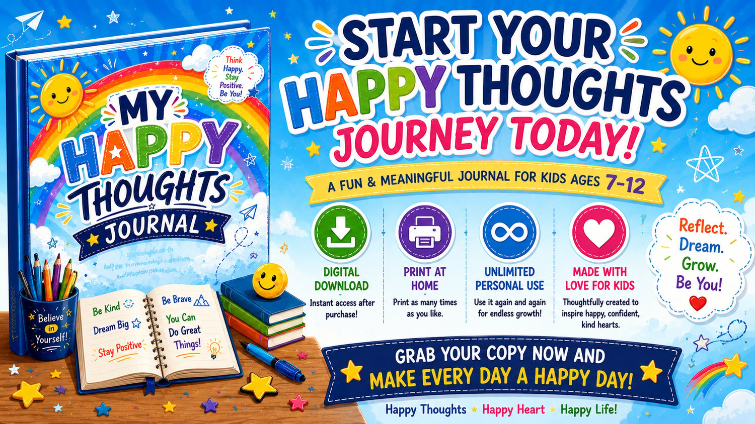 My Happy Thoughts Journal for Kids encourages gratitude, positivity, emotional growth, and daily reflection through fun journaling activities for ages 7 to 12