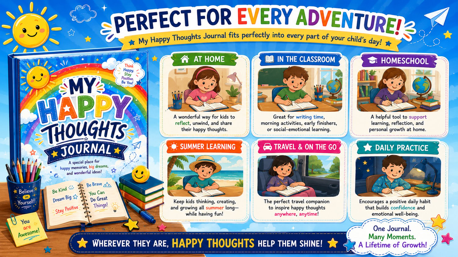 My Happy Thoughts Journal printable educational resource designed for children to develop gratitude, creativity, mindfulness, and positive daily habits