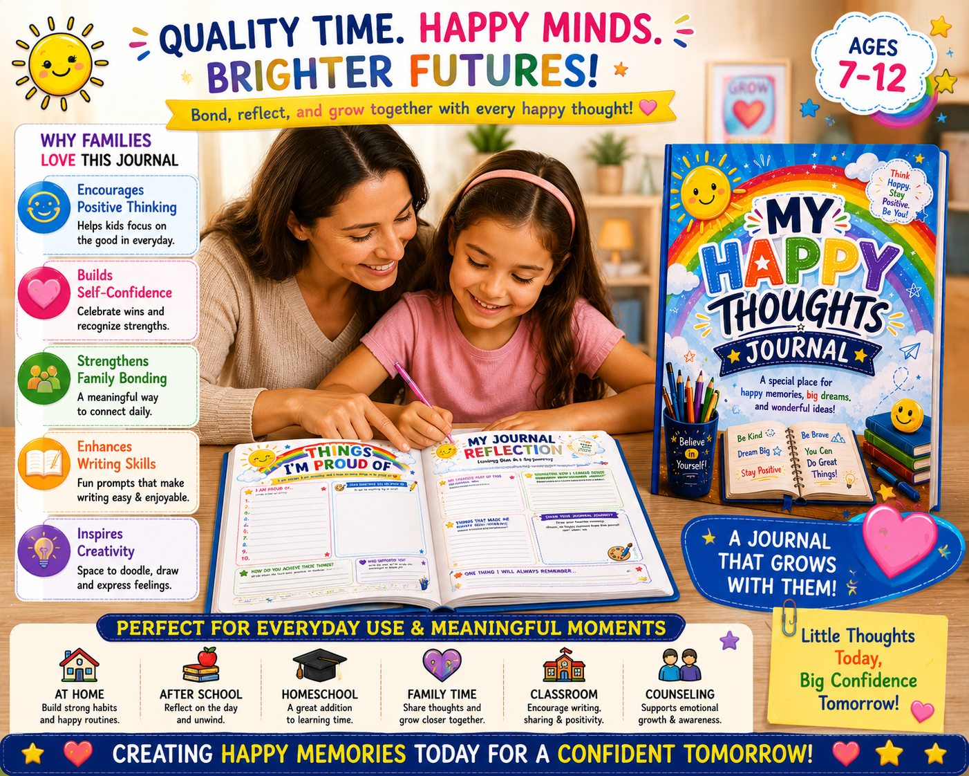 Child using My Happy Thoughts Journal for Kids printable journal designed to encourage gratitude, positivity, emotional well-being, and self-expression