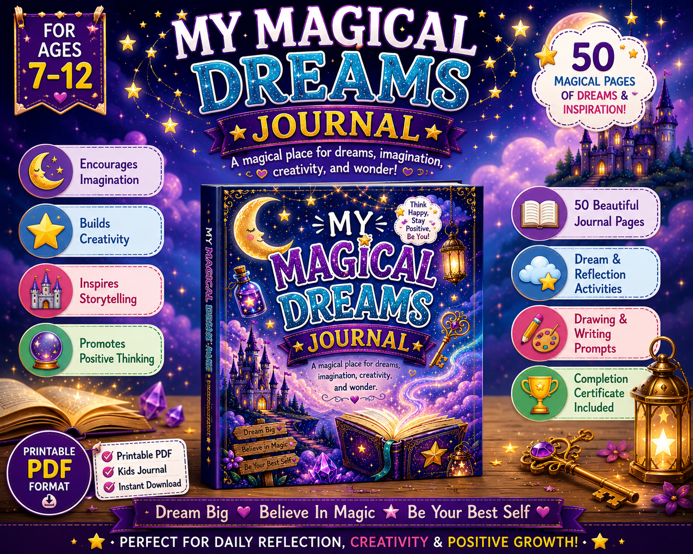 My Magical Dreams Journal for Kids printable dream journal PDF for ages 7 to 12 featuring creative writing, reflection activities, and positive self-expression exercises