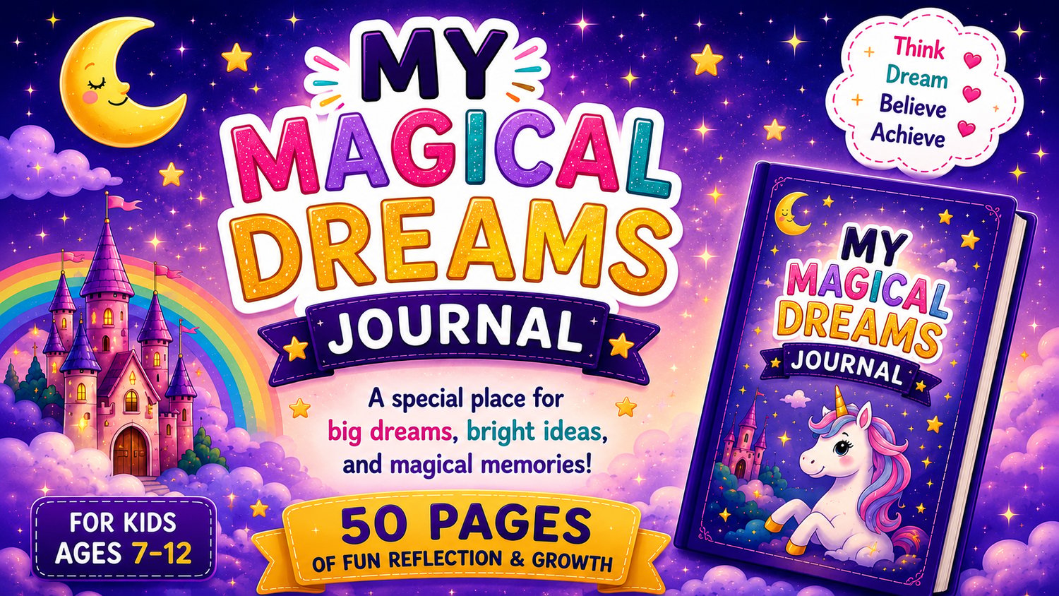 My Magical Dreams Journal for Kids printable dream journal featuring creative writing prompts, reflection pages, magical themes, and journaling activities for children