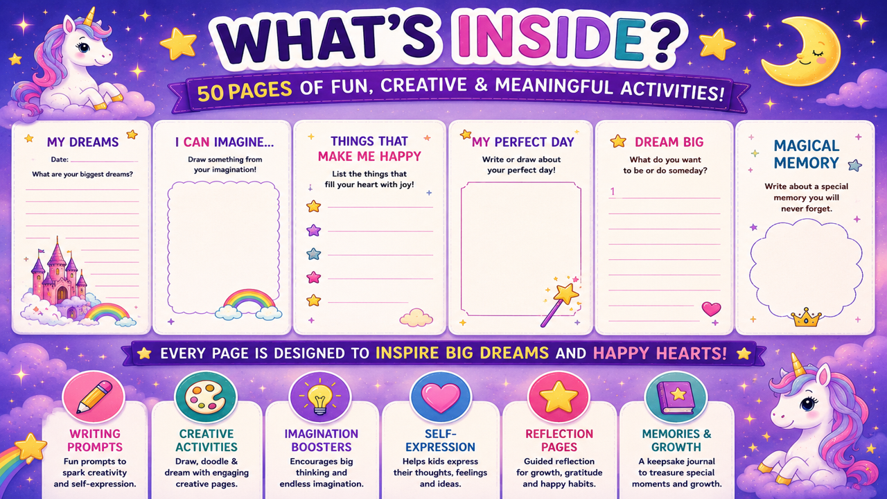 My Magical Dreams Journal contents overview featuring dream reflection pages, creative writing activities, favorite memories, and future dreams sections for kids