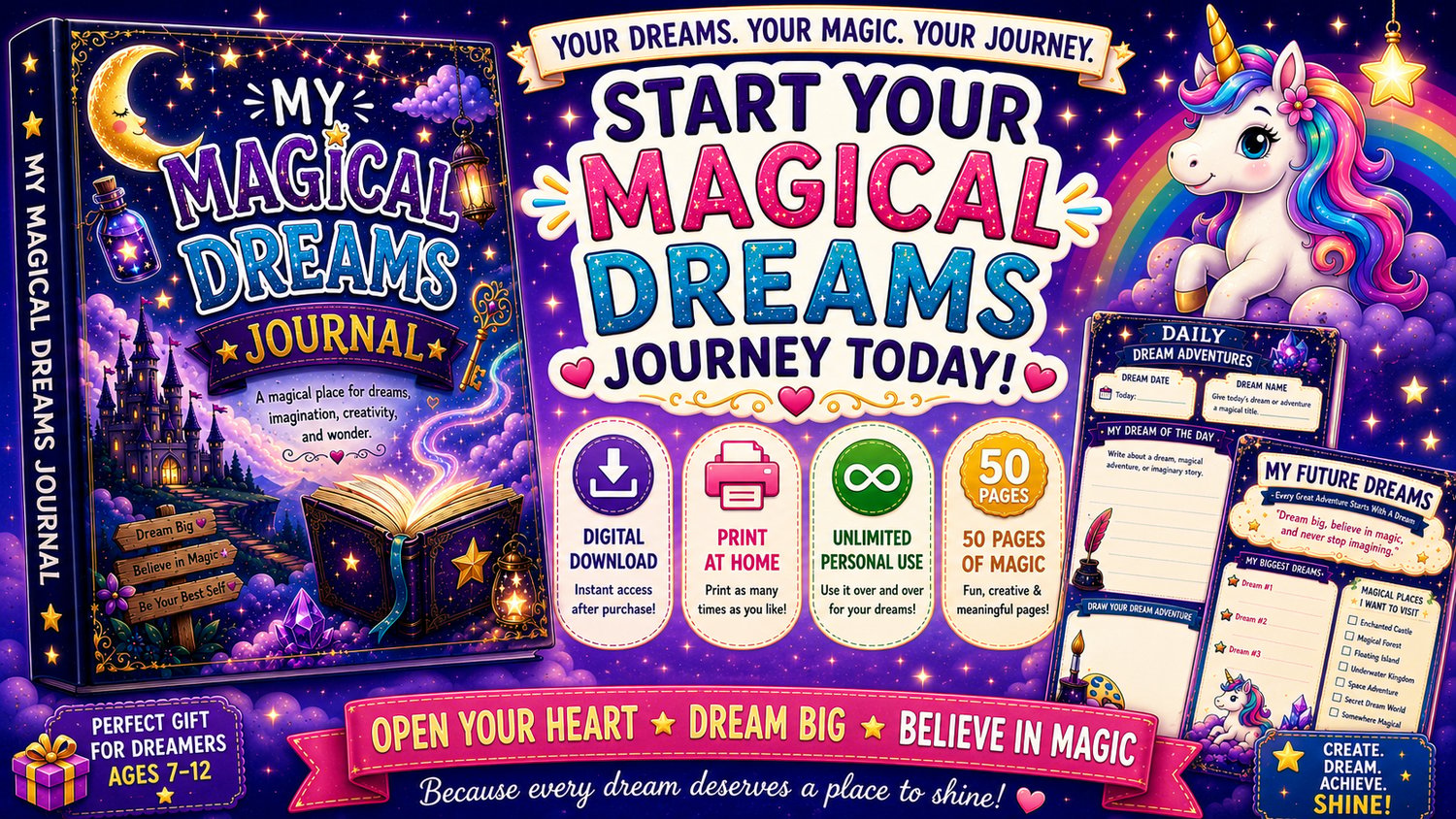 My Magical Dreams Journal for Kids encourages creativity, self-expression, dream exploration, and daily reflection through fun journaling activities for ages 7 to 12