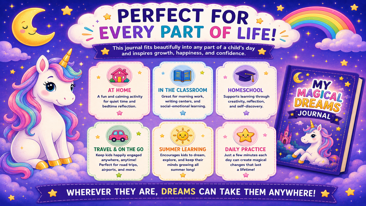 My Magical Dreams Journal printable educational resource designed to inspire creativity, mindfulness, imagination, and positive journaling habits in children