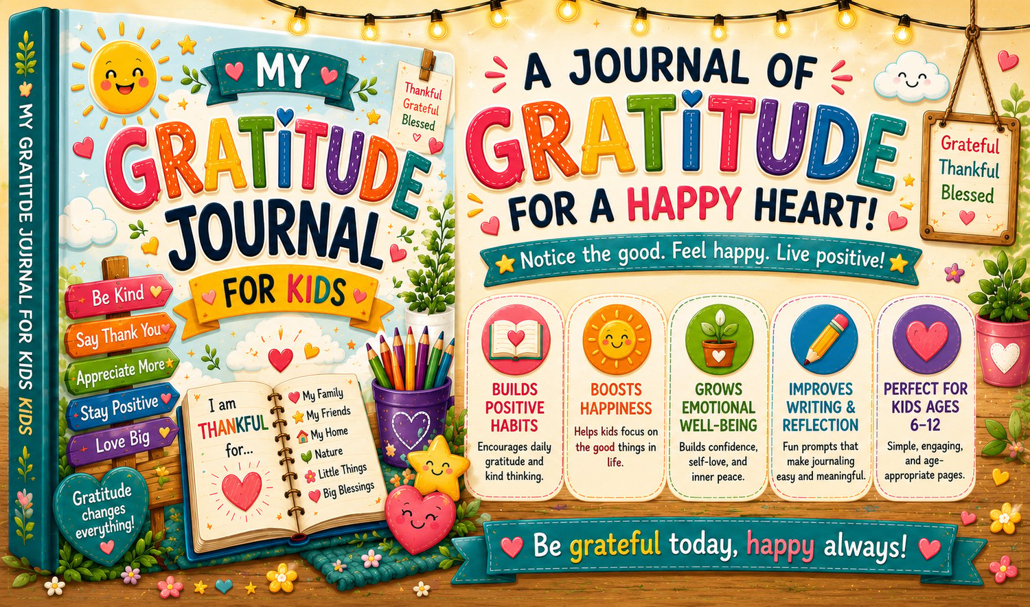 My Gratitude Journal for Kids printable gratitude journal PDF featuring daily reflection pages, positive thinking activities, and creative journaling for children