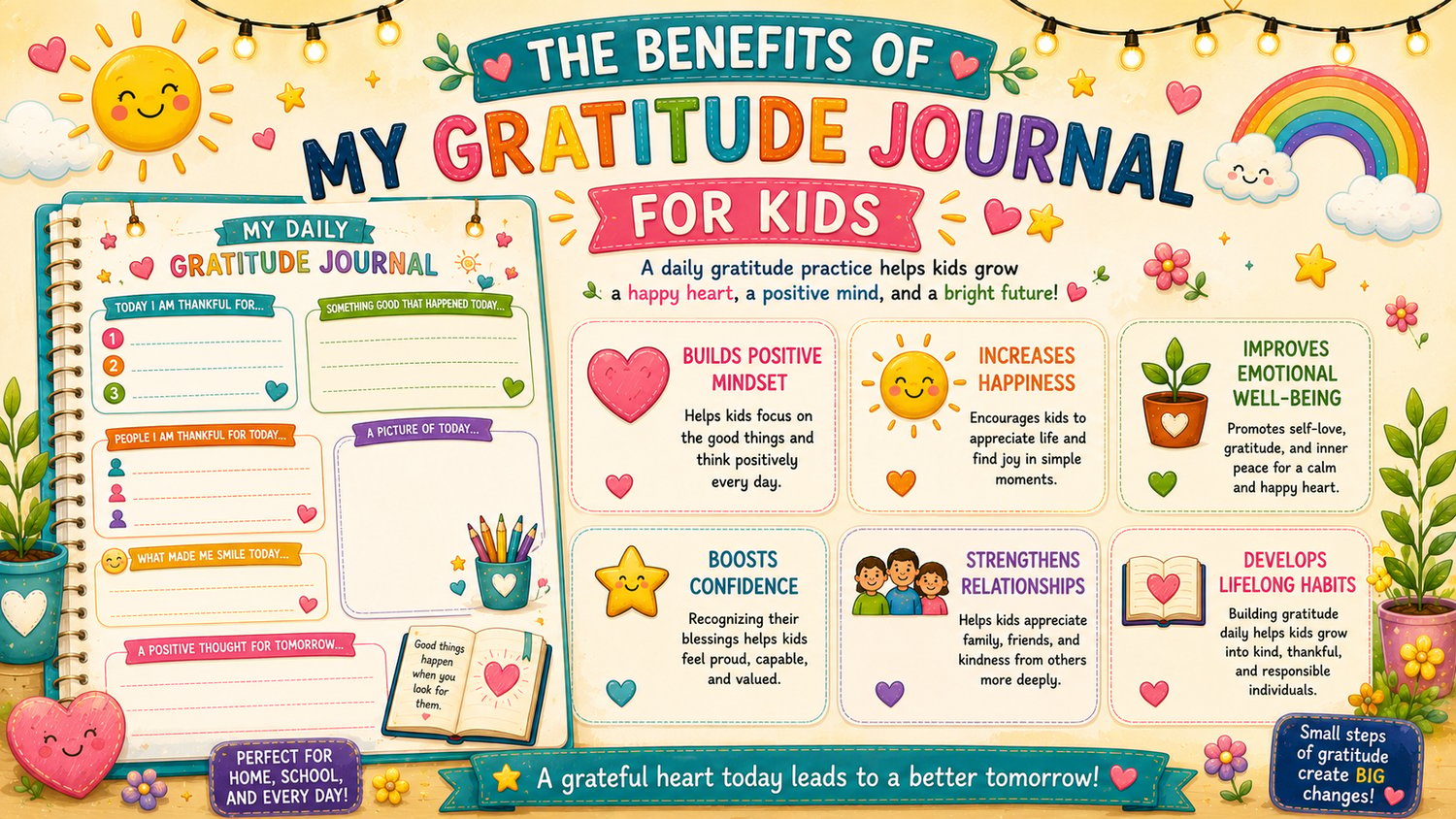 My Gratitude Journal learning benefits including gratitude, positive thinking, mindfulness, emotional well-being, and self-confidence for children