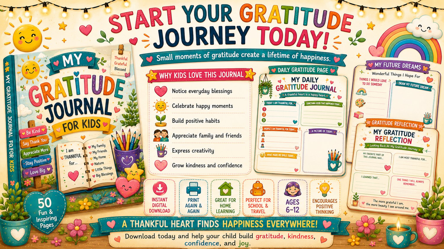 My Gratitude Journal for Kids encourages gratitude, self-reflection, mindfulness, and positive thinking through fun journaling activities for ages 7 to 12