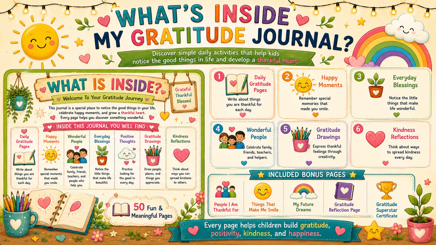 My Gratitude Journal contents overview featuring daily gratitude pages, reflection prompts, favorite memories, and future dreams sections for kids