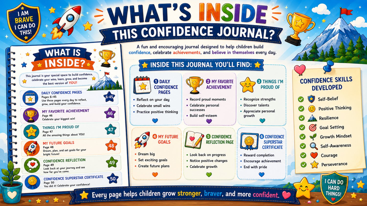 My Confidence Journal contents overview featuring daily confidence pages, reflection prompts, positive affirmations, and personal growth activities for kids
