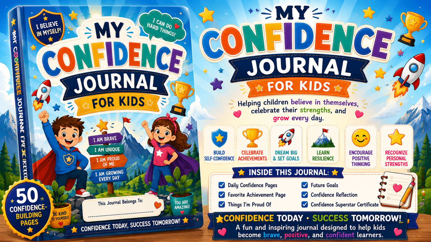 My Confidence Journal for Kids printable confidence journal featuring self-esteem activities, positive affirmations, reflection pages, and creative journaling for children