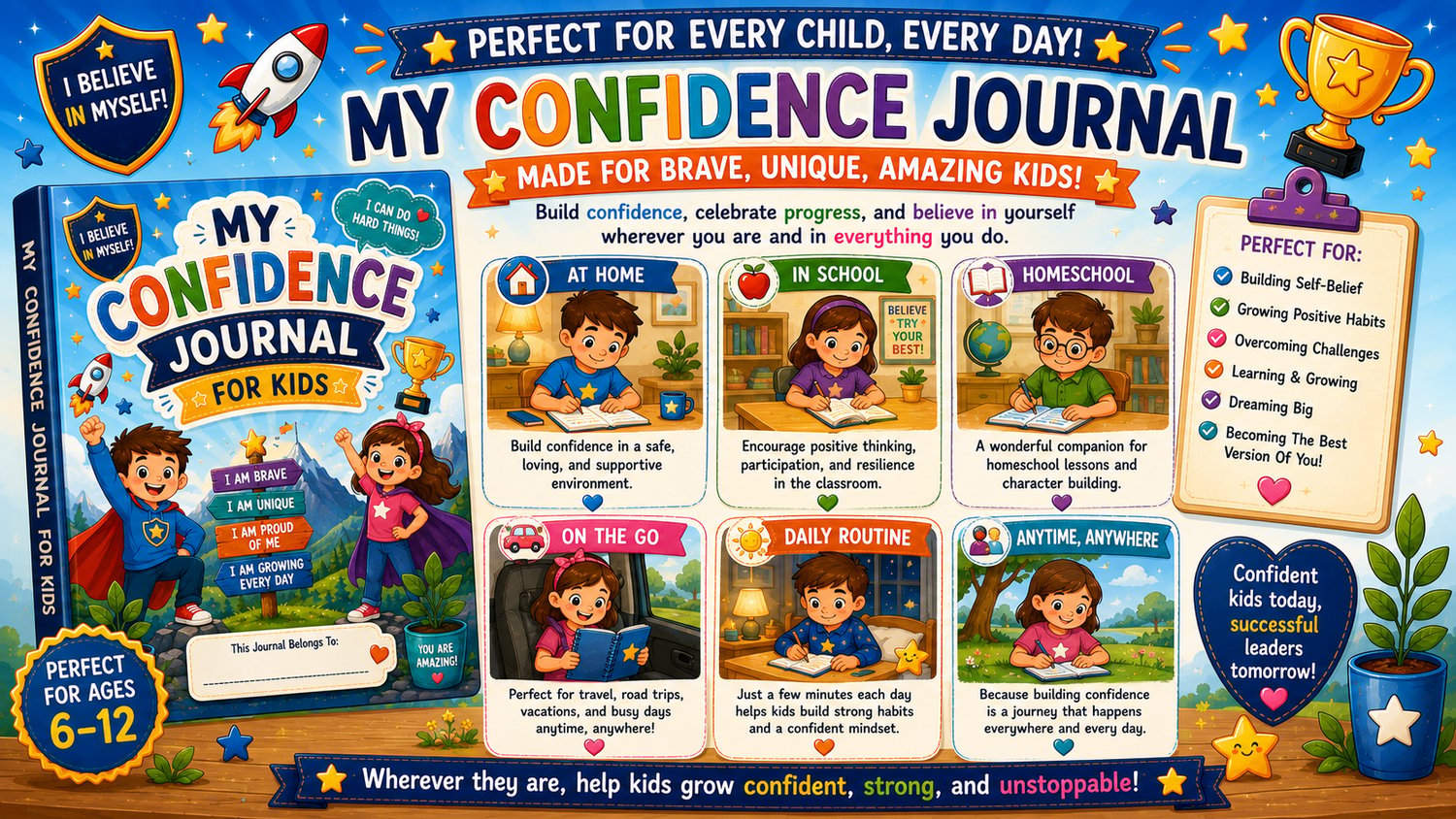 My Confidence Journal printable educational resource designed to help children build confidence, resilience, self-esteem, and positive daily habits
