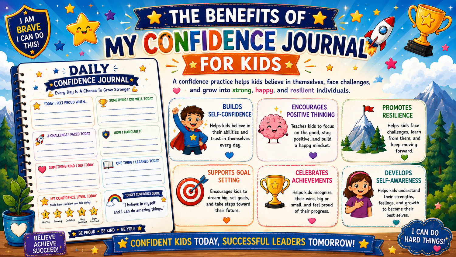 My Confidence Journal learning benefits including self-confidence, positive thinking, emotional resilience, self-esteem, and personal growth for children