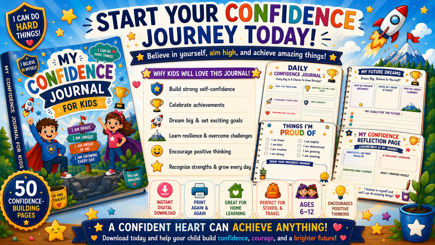 My Confidence Journal for Kids encourages self-confidence, positive thinking, emotional growth, and daily reflection through fun journaling activities for ages 7 to 12