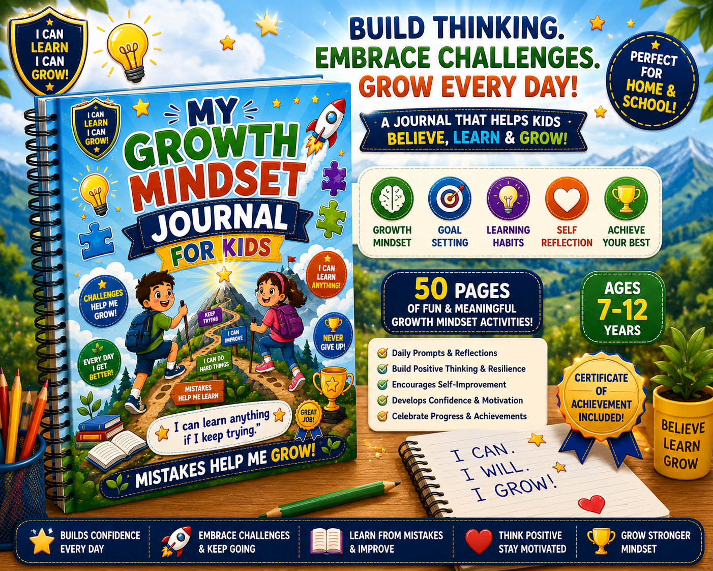 My Growth Mindset Journal for Kids printable positive thinking journal PDF for ages 7 to 12 featuring goal setting activities, growth mindset exercises, and personal development prompts