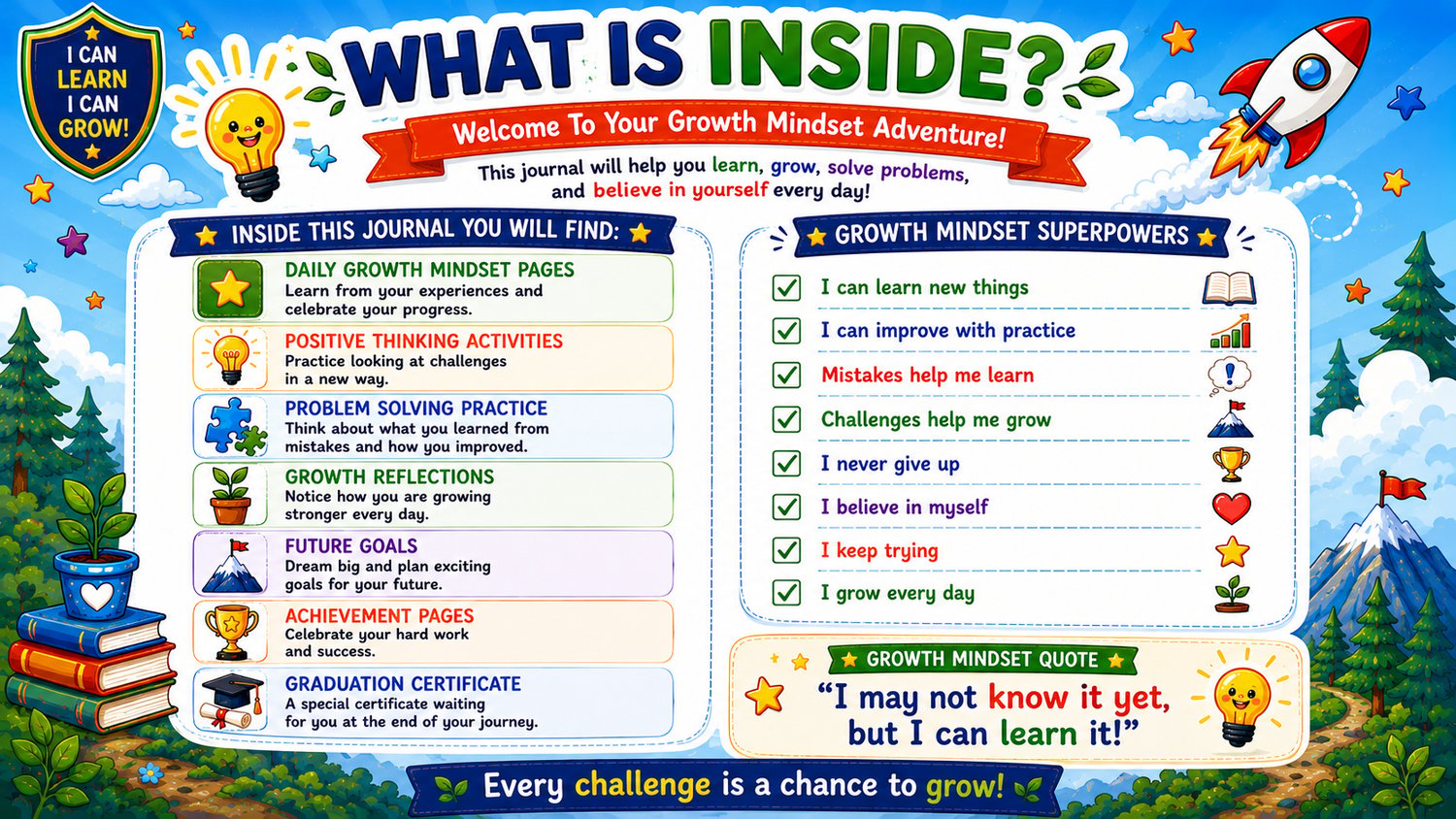My Growth Mindset Journal for Kids printable journal featuring growth mindset activities, positive affirmations, reflection pages, and personal growth exercises for children