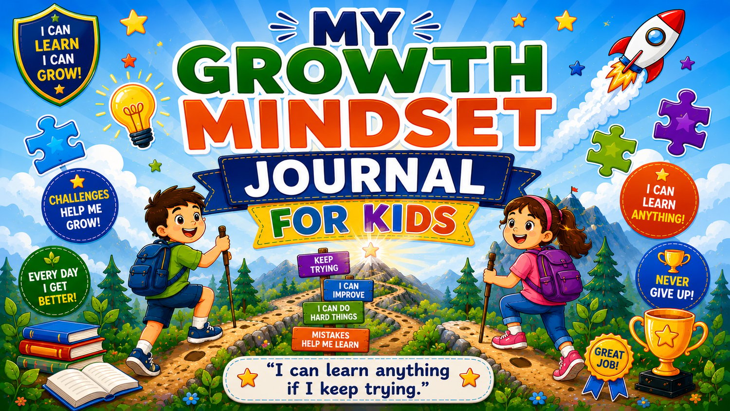 My Growth Mindset Journal for Kids printable journal featuring growth mindset activities, positive affirmations, reflection pages, and personal growth exercises for children